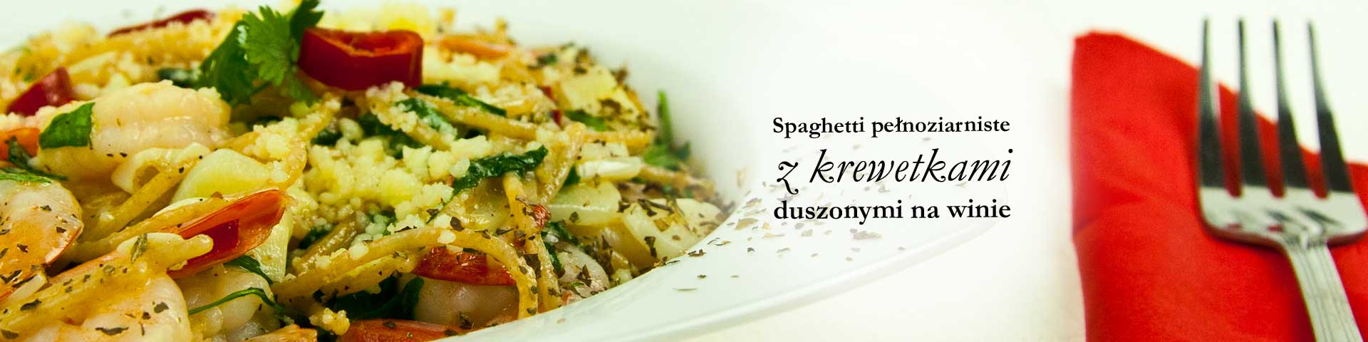 Spaghetti pełnoziarniste z krewetkami duszonymi na winie